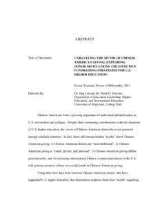 ABSTRACT  Title of Document: UNRAVELING THE MYTHS OF CHINESE AMERICAN GIVING: EXPLORING