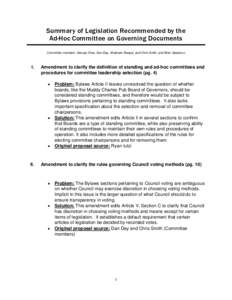 Summary of Legislation Recommended by the Ad-Hoc Committee on Governing Documents Committee members: George Chao, Dan Day, Shabnam Raayai, and Chris Smith, and Brian Spatocco. I.