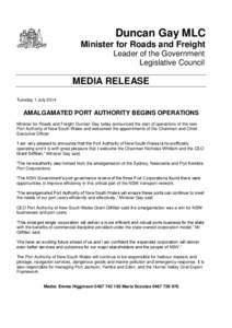 Duncan Gay MLC Minister for Roads and Freight Leader of the Government Legislative Council  MEDIA RELEASE