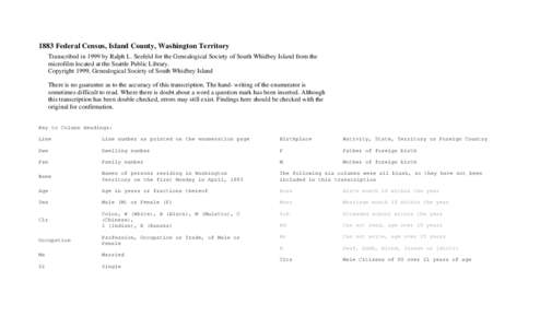 1883 Federal Census, Island County, Washington Territory Transcribed in 1999 by Ralph L. Seefeld for the Genealogical Society of South Whidbey Island from the microfilm located at the Seattle Public Library. Copyright 19