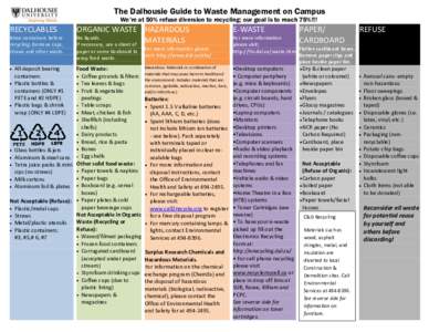 The Dalhousie Guide to Waste Management on Campus We’re at 50% refuse diversion to recycling; our goal is to reach 75%!!! RECYCLABLES Rinse containers before recycling. Remove caps,