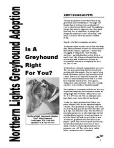 GREYHOUNDS AS PETS You may be surprised to know that retired racing greyhounds make wonderful pets. You might have thought them to be hyperactive, needing lots of exercise since they run like the wind. You might have tho