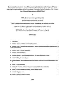 Summarized Submission in view of the upcoming Consideration of the Report of France regarding its Implementation of the International Convention for the Protection of All Persons from Enforced Disappearance (CED/C/FRA/1)