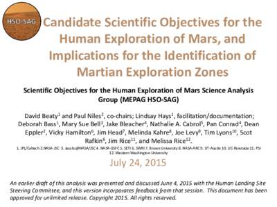 Candidate Scientific Objectives for the Human Exploration of Mars, and Implications for the Identification of Martian Exploration Zones Scientific Objectives for the Human Exploration of Mars Science Analysis Group (MEPA