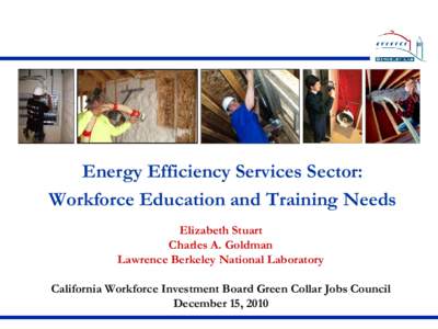 Energy Efficiency Services Sector: Workforce Education and Training Needs Elizabeth Stuart Charles A. Goldman Lawrence Berkeley National Laboratory California Workforce Investment Board Green Collar Jobs Council