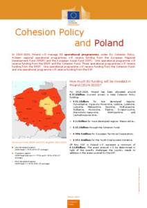 Cohesion Policy and Poland In[removed], Poland will manage 22 operational programmes under EU Cohesion Policy. Sixteen regional operational programmes will receive funding from the European Regional Development Fund (ER