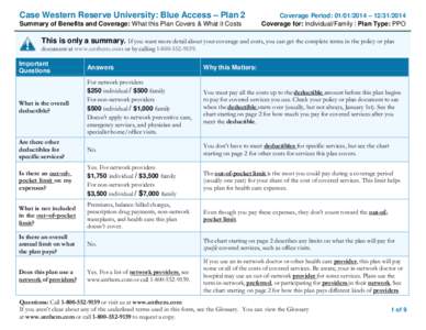 Case Western Reserve University: Blue Access – Plan 2 Summary of Benefits and Coverage: What this Plan Covers & What it Costs Coverage Period: [removed] – [removed]Coverage for: Individual/Family | Plan Type: PPO