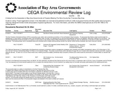 CEQA Environmental Review Log Issue No: 333  A listing from the Association of Bay Area Governments of Projects Affecting The Nine-County San Francisco Bay Area