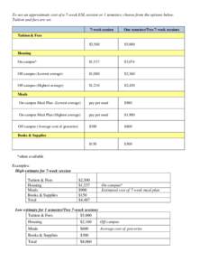 To see an approximate cost of a 7-week ESL session or 1 semester, choose from the options below. Tuition and fees are set. 7-week session One semester/Two 7-week sessions