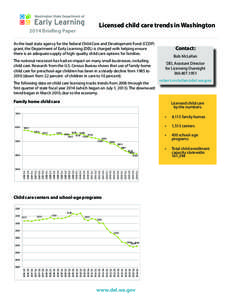 Licensed child care trends in Washington[removed]Briefing Paper As the lead state agency for the federal Child Care and Development Fund (CCDF) grant, the Department of Early Learning (DEL) is charged with helping ensure