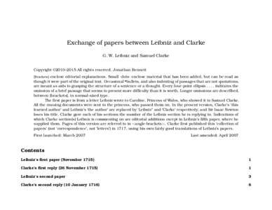 Exchange of papers between Leibniz and Clarke G. W. Leibniz and Samuel Clarke Copyright © Jonathan BennettAll rights reserved [Brackets] enclose editorial explanations. Small ·dots· enclose material that has be