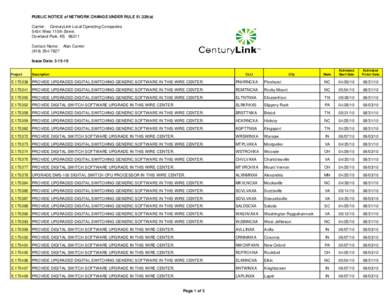 PUBLIC NOTICE of NETWORK CHANGE UNDER RULE[removed]a) Carrier: CenturyLink Local Operating Companies 5454 West 110th Street. Overland Park, KS[removed]Contact Name: Alan Carrier[removed]