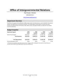 Office of Intergovernmental Relations Nick Harper, Director[removed]http://www.seattle.gov/oir  Department Overview