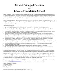 School Principal Position at Islamic Foundation School Islamic Foundation School is seeking an Ontario qualified principal with 3-5 years of experience in school administration for its Scarborough and Durham Campuses. Th