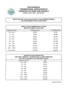 FEE SCHEDULE TRANSNATIONAL ASSOCIATION OF CHRISTIAN COLLEGES AND SCHOOLS Effective July 1, 2016 – June 30, 2017  APPLICATION FEE: Comprehensive Review - $7,000 (NON-REFUNDABLE)