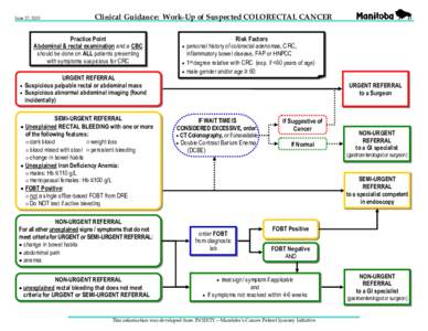 June 27, 2013  Clinical Guidance: Work-Up of Suspected COLORECTAL CANCER Practice Point Abdominal & rectal examination and a CBC