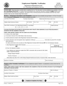 Employment Eligibility Verification  USCIS Form I-9  Department of Homeland Security