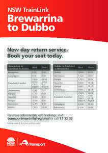 NSW TrainLink  Brewarrina to Dubbo New day return service. Book your seat today.