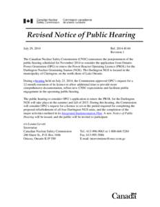 Revised Notice of Public Hearing - OPG - Application for the renewal of the licence for Darlington Nuclear Generating Station