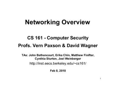 Networking Overview CSComputer Security Profs. Vern Paxson & David Wagner TAs: John Bethencourt, Erika Chin, Matthew Finifter, Cynthia Sturton, Joel Weinberger