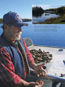 Jesse Leach (left), owner of Bagaduce Oyster Company, sorts oysters at his aquaculture lease site on the Bagaduce River. Inset: Leach prepares to head upriver to his oyster farm. Upper right: Oyster “grow-out cages” 