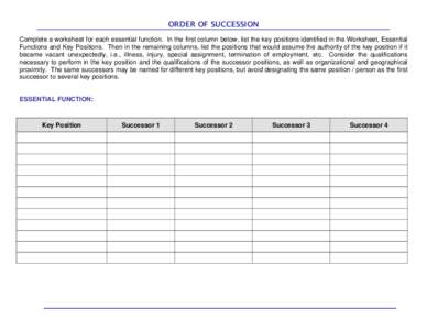 ORDER OF SUCCESSION Complete a worksheet for each essential function. In the first column below, list the key positions identified in the Worksheet, Essential Functions and Key Positions. Then in the remaining columns, l