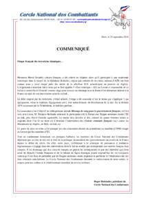 Cercle National des Combattants 38, rue des EntrepreneursParis – Tél –  http://www.cncombattants.org Paris, le 25 septembre 2014