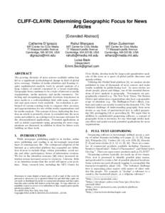 CLIFF-CLAVIN: Determining Geographic Focus for News Articles [Extended Abstract] Catherine D’Ignazio  Rahul Bhargava