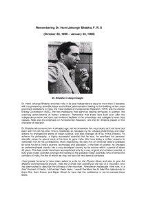 Remembering Dr. Homi Jehangir Bhabha, F. R. S (October 30, 1909 – January 24, 1966)