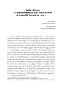 De Marx à Balzac Fondements théoriques d’une lecture marxiste de la Comédie humaine par Lukacs Laélia Véron ENS de Lyon & Paris 3 & Alix Bouffard