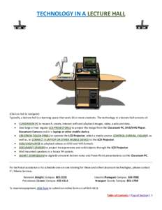 TECHNOLOGY IN A LECTURE HALL  (Click on link to navigate) Typically, a lecture hall is a learning space that seats 30 or more students. The technology in a lecture hall consists of:  