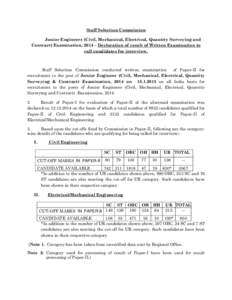 Staff Selection Commission Junior Engineers (Civil, Mechanical, Electrical, Quantity Surveying and Contract) Examination, 2014 – Declaration of result of Written Examination to call candidates for interview.  Staff Sel
