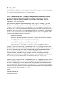 Translation of letter From: Italian Ministry of Economic Development, Department for Enterprise and Internationalisation To: Italian Permanent Representation to the European Union Subject: Legislative Decree No 21 of 21 