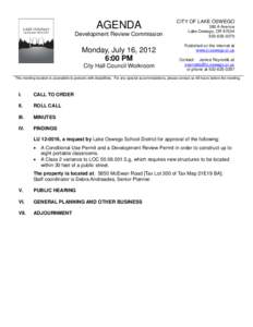 AGENDA Development Review Commission Monday, July 16, 2012 6:00 PM City Hall Council Workroom