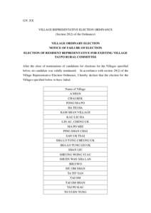 G.N. XX VILLAGE REPRESENTATIVE ELECTION ORDINANCE (Section[removed]of the Ordinance) VILLAGE ORDINARY ELECTION NOTICE OF FAILURE OF ELECTION ELECTION OF RESIDENT REPRESENTATIVE FOR EXISTING VILLAGE