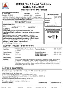 CITGO No. 2 Diesel Fuel, Low Sulfur, All Grades Material Safety Data Sheet CITGO Petroleum Corporation P. O. Box 4689 Houston, TX 77210