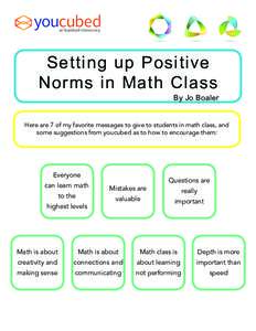 Setting up Positive Norms in Math Class By Jo Boaler Here are 7 of my favorite messages to give to students in math class, and some suggestions from youcubed as to how to encourage them: