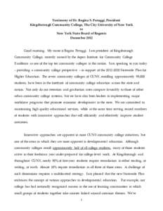 Testimony of Dr. Regina S. Peruggi, President Kingsborough Community College, The City University of New York to New York State Board of Regents December 2012