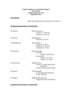 Pacific Symphony 3rd/ Assistant Principal French Horn Audition Repertoire List September 2016 Solo Material Choice of First Movement from Mozart 3, 4 or Strauss 1