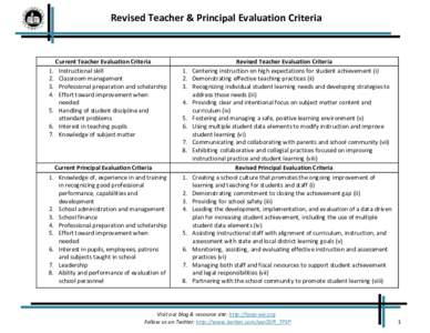 Revised Teacher & Principal Evaluation Criteria  Current Teacher Evaluation Criteria 1. Instructional skill 2. Classroom management 3. Professional preparation and scholarship