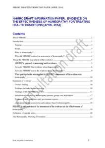 NHMRC DRAFT INFORMATION PAPER:  EVIDENCE ON THE EFFECTIVENESS OF HOMEOPATHY FOR TREATING HEALTH CONDITIONS [APRIL 2014]