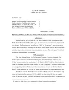 STATE OF VERMONT PUBLIC SERVICE BOARD Docket No[removed]Petition of the Department of Public Service for Investigation of and Sanctions Against