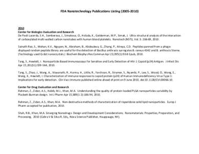 FDA Nanotechnology Publications Listing (2005‐2010)     2010  Center for Biologics Evaluation and Research  De Paoli Lacerda, S.H., Semberova, J., Simakova, O., Holada, K., Gelderman, M.P., Sim