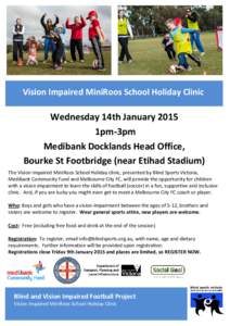 Vision Impaired MiniRoos School Holiday Clinic  Wednesday 14th January 2015 1pm-3pm Medibank Docklands Head Office, Bourke St Footbridge (near Etihad Stadium)