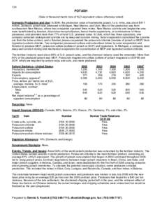 124  POTASH (Data in thousand metric tons of K2O equivalent unless otherwise noted) Domestic Production and Use: In 2006, the production value of marketable potash, f.o.b. mine, was about $411 million. Domestic potash wa