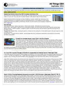 All Things CEH September 2011 BREAKING NEWS AND INFORMATION If you have an item of interest for the CEHKC community, please contact Gretchen Bruce at   LOCAL NEWS & ACTION