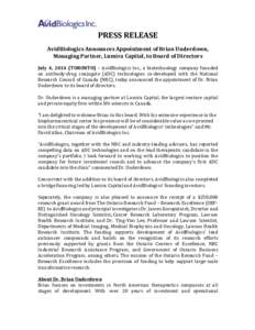 PRESS%RELEASE% % AvidBiologics%Announces%Appointment%of%Brian%Underdown,% Managing%Partner,%Lumira%Capital,%to%Board%of%Directors%