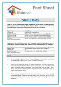 Fact Sheet Stamp Duty State and territory governments impose stamp duties on the transfer of owner occupied housing and investment housing. Rates of stamp duties vary across the states and territories. Stamp duty rates i