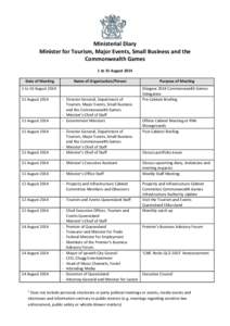 Ministerial Diary: Minister for Tourism, Major Events, Small Business and the Commonwealth Games