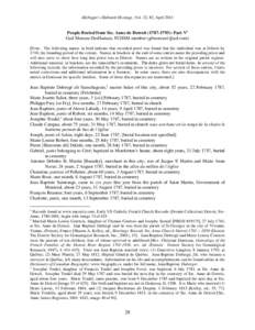 Michigan’s Habitant Heritage, Vol. 32, #2, AprilPeople Buried from Ste. Anne de Detroit): Part V1 Gail Moreau-DesHarnais, FCHSM member () [Note: The following names in bold indicate t